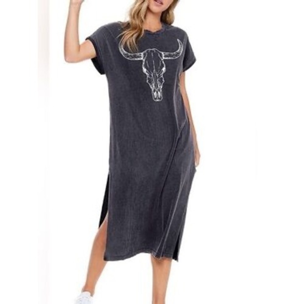 Zutter Bull Skull Graphic Midi T-Shirt Dress Black Mineral Wash Western Boho a5